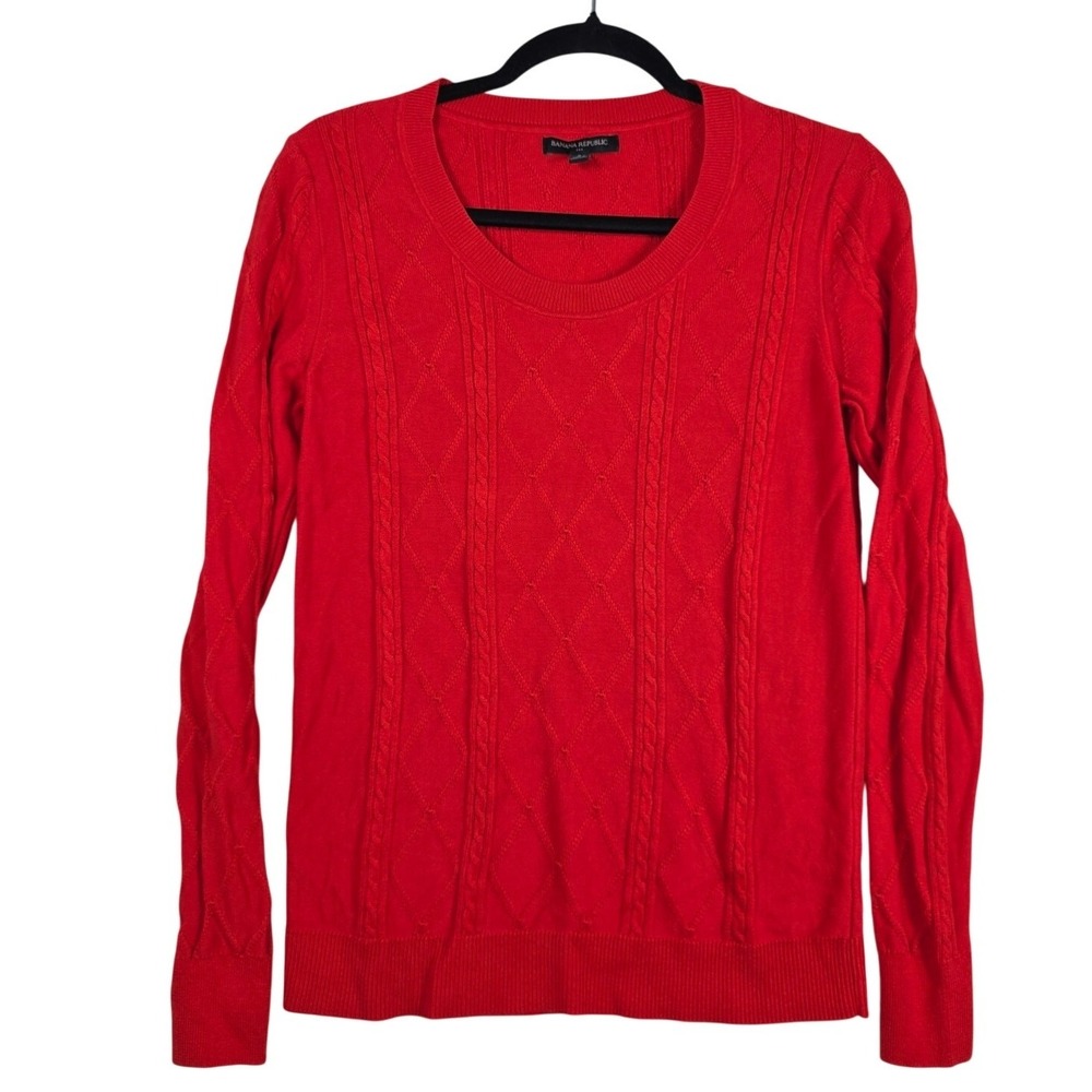 Banana Republic Sweater Red Cable Diamond Knit Cotton Blend Small Preppy Classic